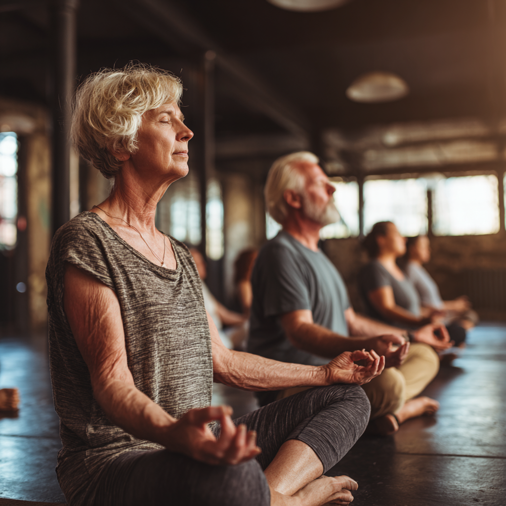 Calm yoga studio with older adults in comfortable meditation poses